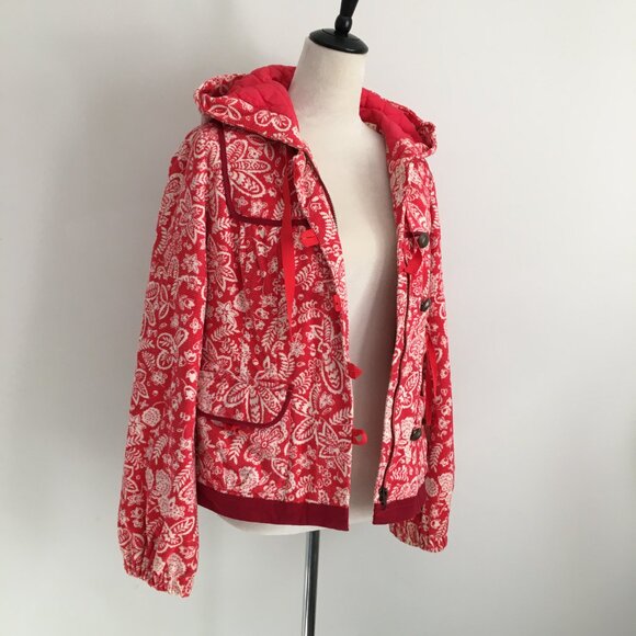 ELEVENSES Anthropologie Textured Red White Floral Polka Dot Lined Hooded Jacket - Picture 4 of 16